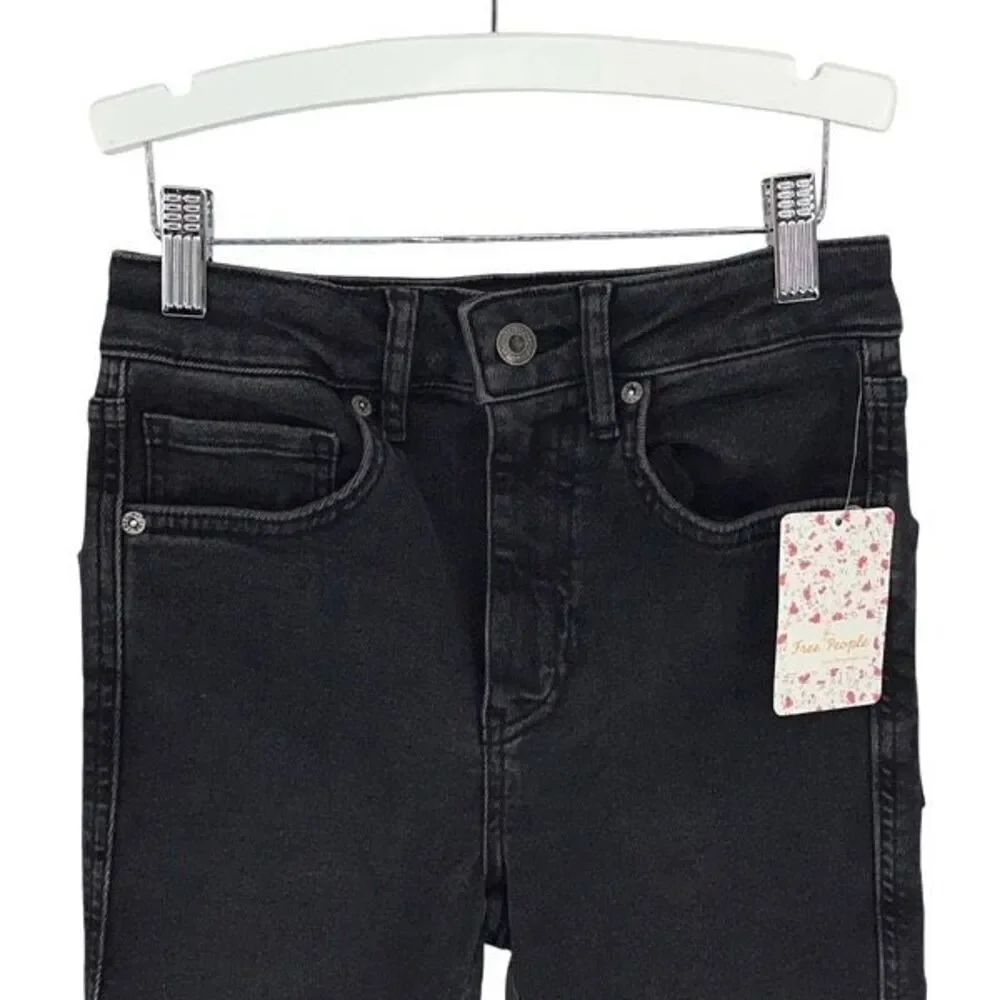 Free People Womens Fringe Hem Solid Cotton Blend Skinny Jeans Black‎ Size 26 NWT